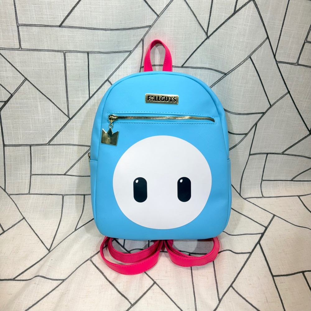 Fall Guys Mini Backpack Blue Pink Faux Leather Gaming Crown Zipper Pull